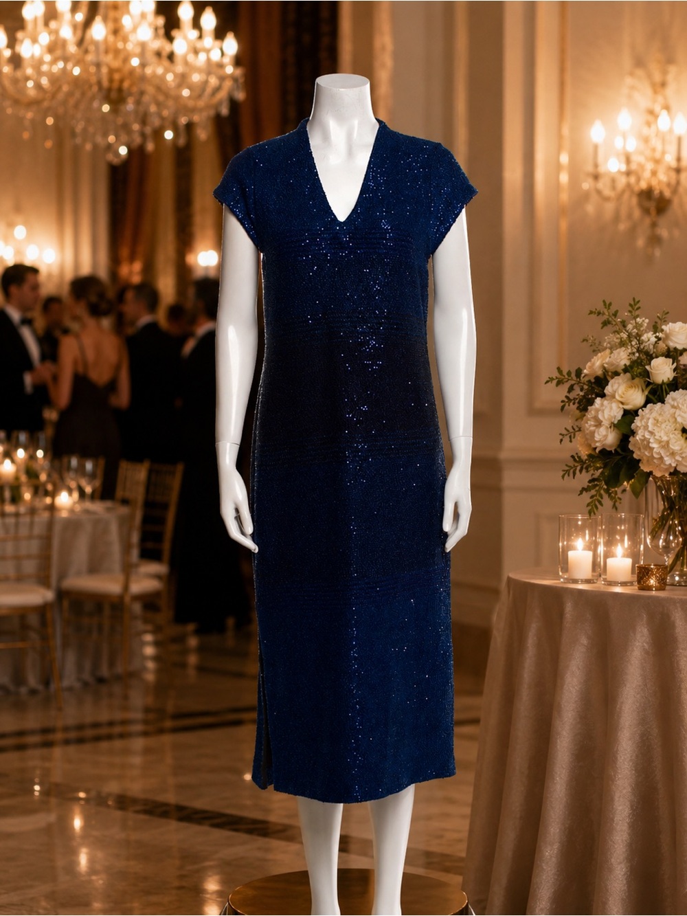 St. John Blue Shimmer V-Neck  Knit Midi Dress – Size Small